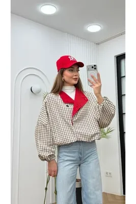 R-Style Kareli, Kırmızı Astarlı Ceket Bomber Ceket