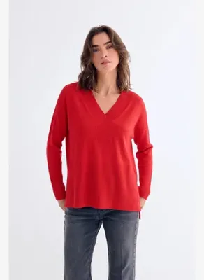 Silk and Cashmere Kırmızı Isabella Saf Kaşmir V Yaka T Kol Kazak