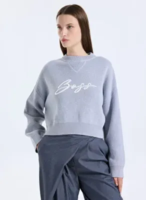 BOSS Gri Kadın Bisiklet Yaka Yazı Baskılı Kazak 50543979