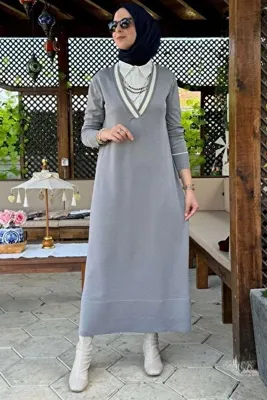 Rabia Şamlı Eylül Gömlekli Triko Elbise Gri