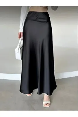 MODAM HİFA Kadın Şık Parlak Saten Etek Lastikli Kloş Maxi Boy Etek