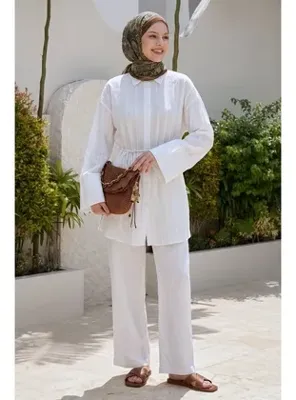 InStyle Geniş Kol Simli Kuşaklı Beyaz Gömlek