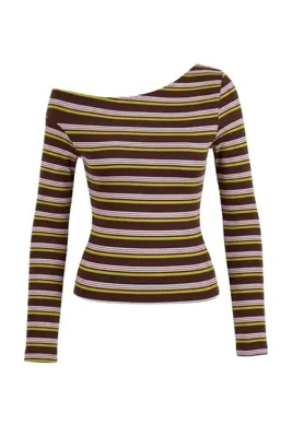 TRENDYOLMİLLA Çok Renkli*001 Çizgili Fitted/Vücuda Oturan Asimetrik Yaka Pamuklu Ribana Örme Bluz TWOAW27BZ00174