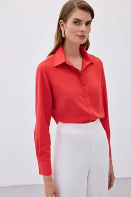 Sateen Klasik Düz Gömlek - Kırmızı