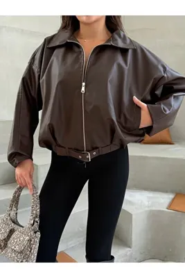 ginger love Kadın Kahverengi Fermuarlı Deri Oversize Mont
