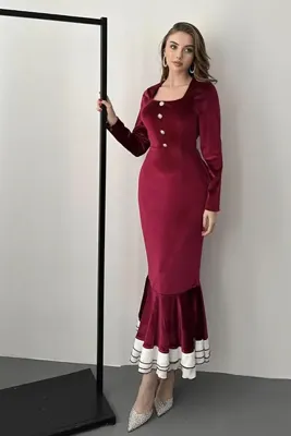 Elbee Fashion Woman Bordo Kare Yaka Eteği Volanlı Kadife Elbise
