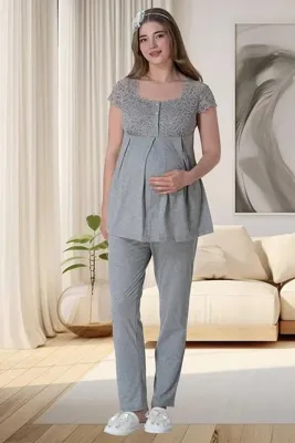 By Mecit Pijama Hamile Lohusa Güpür Detaylı Kısa Kollu Pijama Takımı Pijama %75 Pamuk %25 Viskon