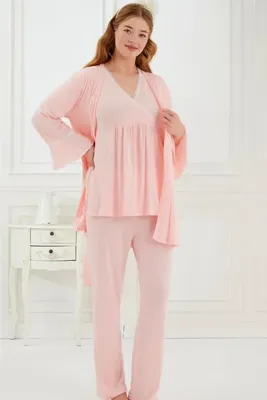 Emose Dantelli Sabahlıklı 3'Lü Lohusa Hamile Pijama Takımı