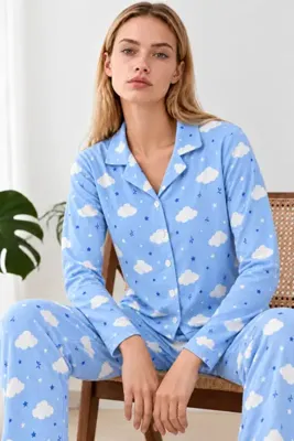 FİT WOMEN Kadın Desenli Gömlek Yaka Mavi Pijama Takımı 4831