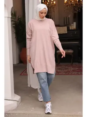 İmajButik Pudra Bisiklet Yaka Merserize Salaş Triko Tunik
