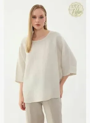 Vitrin %100 Keten Geniş Yaka Oversize Kısa Kol Bluz