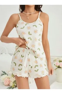 Genel Markalar Kadın Ekru Çiçek Baskılı Şortlu Gecelik Pijama Takımı 5047