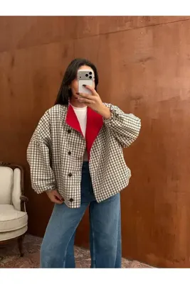 MODA Garnili Ekose Bomber Ceket - Ekose Detaylı Garnili Bomber Ceket