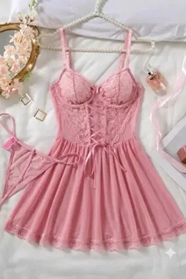 Velvet Kiss Pembe Gecelik - Tanga Hediyeli Gecelik