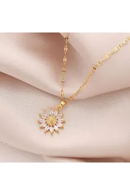 Takıtolia Sunflower Çelik Altın Kaplı Kolye - Ayçiçeği Şık Zirkon Taşlı Sevgililer Günü Özel Hediye Kolye