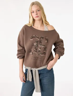 Koton Üç İplik Şardonlu Uzun Kollu Baskılı Halter Yaka Sweatshirt