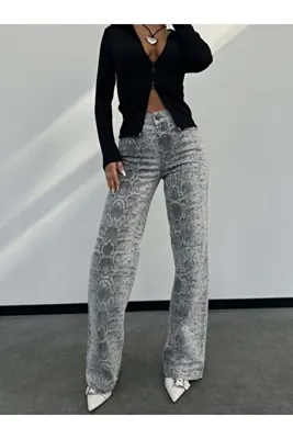 HerTon Yüksek Bel Yılan Derisi Desenli Bol Paça Denim Pantolon - Göz Alıcı Snake Skin Jean