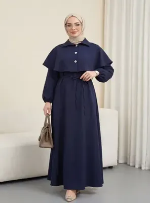 Volt Clothing Yakalı Pelerin Detaylı Kemerli Kolu Lastikli Krep Elbise Lacivert