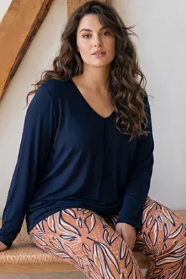 Siyah İnci Lacivert Desenli Büyük Beden Battal Boy Viskon Örme Pijama Takım 26224818
