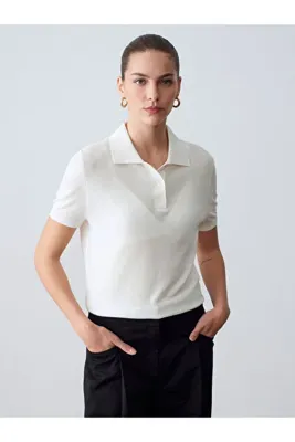 Dilvin 10871 Lyocell Karışımlı Polo Yaka Bluz-Ekru