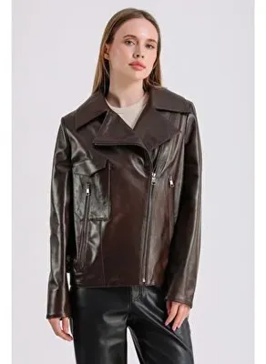Maroquin Leather Billie Kadın Fındık Deri Biker Ceket