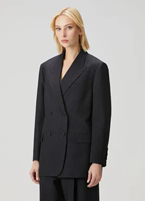 Fendi Lacivert Çizgili Kruvaze Yün Blazer