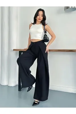 Nes Moda Pliseli Siyah Düz Pantolon