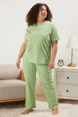 Trendyol Curve Mint Kalp Desenli Örme Pijama Takımı TBBSS25AI00023