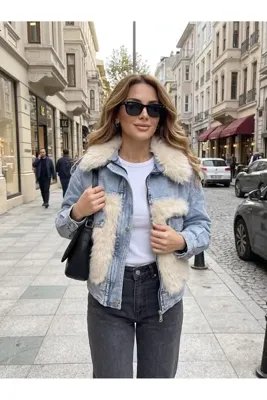 SOLİS MODA Kadın denim kürklü ceket oversize