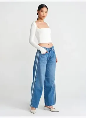 Dilvin 71755 %100 Pamuk Yanı Şeritli Balon Denim Pantolon