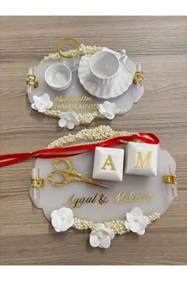 Genel Markalar Afrodit Nişan Lüks İncili Kristal Taşlı Nişan Tepsi Seti - Kişiye Özel Işıklı Yüzük Kutulu Söz Tepsisi ve Damat Kahvesi Sunum Seti