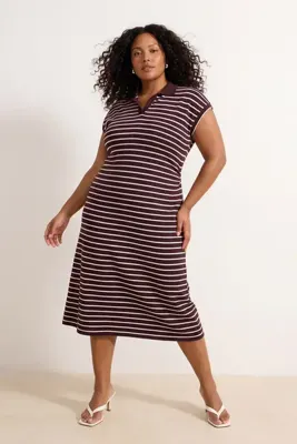 Trendyol Curve Bordo Çizgili Polo Yaka A-Line Midi  Örme Büyük Beden Elbise TBBSS26AH00088
