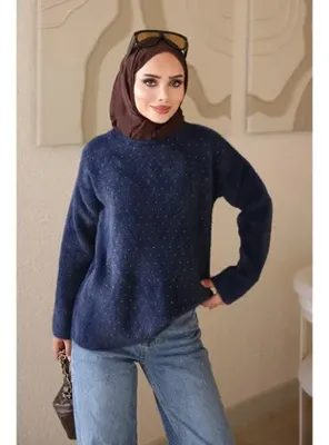 İmajButik Lacivert Bisiklet Yaka Taşlı Angora Yumoş Triko Kazak