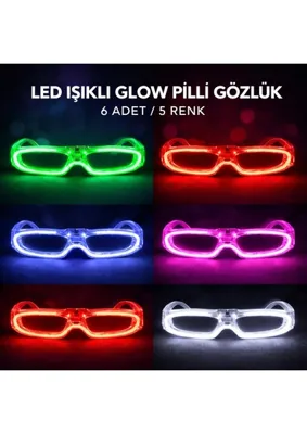 Str Store LED Işıklı Glow Pilli Parti Gözlüğü - Glow Efektli 6 Adet 5 Renk