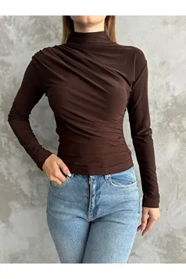 havina Kadın Kahverengi Dik Yaka Omuz Ve Bel Büzgülü Uzun Kollu Bluz