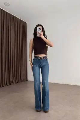 Büşra Doğramacı Premium Boho Kemerli Orta Mavi Jean