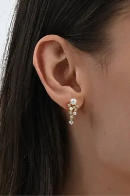 Söğütlü Silver Gümüş altın yaldızlı zirkon taşlı incili salkım modeli küpe SGTL13026GOLD