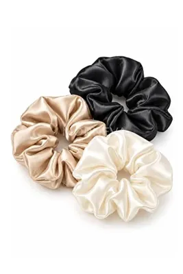 MORNEVA 3lü Set Saten Toka Scrunchie (Siyah-Ekru-Krem)