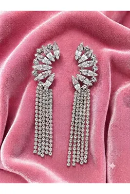 BİJUTERRİ Aksesuar Taşlı Sallantılı Abiye Küpe Özel Günler Tasarım Küpe Silver