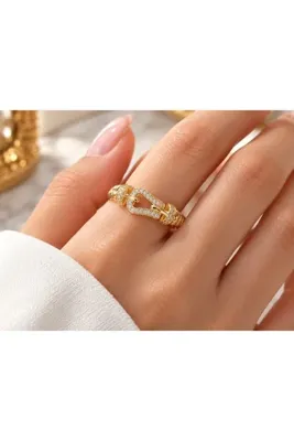 Genel Markalar Kemer Tokası Tasarımlı Gold Renk Zirkon Taşlı Ayarlanabilir Yüzük