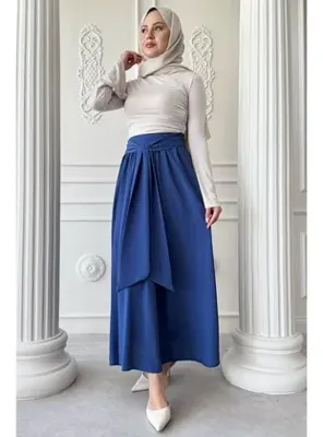 InStyle Pileli Kuşak Detay Saks Mavisi Etek