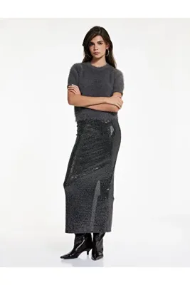 Koton Slim Fit Yırtmaç Detaylı Yarı Transparan Midi Pullu Payetli Etek