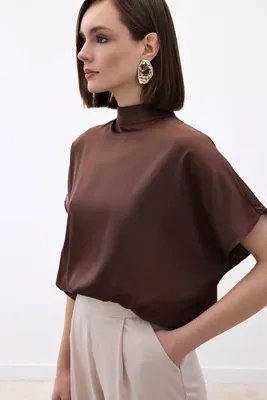 Sateen Yarasa Kol Salaş Bluz - Kahve