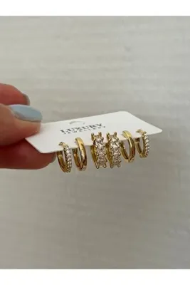 the matdesign Çelik 6'lı Çoklu Küpe Seti Altın Kaplama Baget Taşlı Ve Düz Halka Karışık 6 Parça Çoklu Küpe Seti