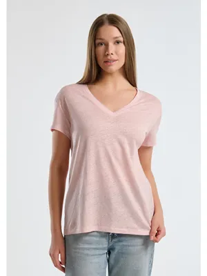 United Colors of Benetton Kadın Pembe %100 Keten Düşük Omuzlu Relax Fit V Yaka T-Shirt