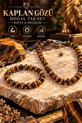 NBS Beautiful Naturel Stones Kaplan Gözü Doğal Taş Bileklik Ve Kolye Set ( Kolye 40 cm ) ( bileklik beden seçebilirsiniz )