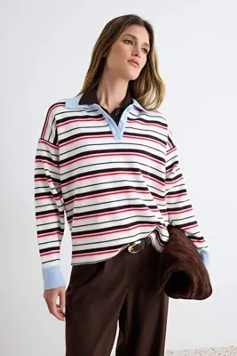 TRENDYOLMİLLA Wardrobe Essentials Ekru Premium/Özel İplik Polo Yaka Triko Kazak | TWOAW26KZ00060