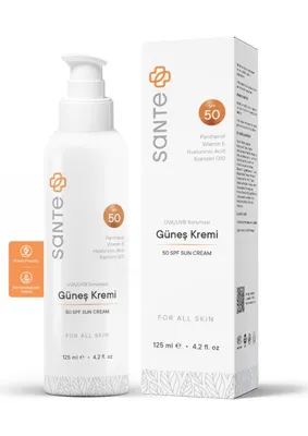 Sante Plus SPF 50+ Güneş Kremi 125 ml – Tüm Cilt Tiplerine Uygun, Yağsız ve Nemlendirici, Suya ve Tere Dayanıklı UVA/UVB Koruma