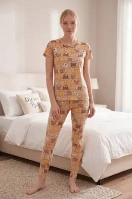 Fulla Moda Ayıcık Baskılı Bisiklet Yaka Pijama Takımı