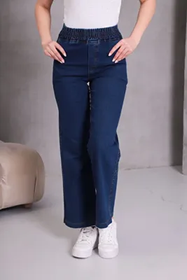 NEŞA KOTÇU LACİVERT Kadın Kot Pantolon Beli Lastikli Yüksek Bel Likralı PLAZZO Büyük-Küçük Beden Jeans